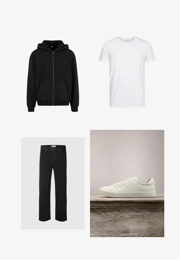 Urban Classics VINTAGE - Sweatjakke - black; Rundhals kortærmet t-shirt i ensfarvet hvid, lavet af blød bomuld, har et simpelt design uden synlige mønstre eller detaljer.; Sorte denim straight-leg jeans har et klassisk fem-lomme design med knaplukning, minimal syning og en blød tekstur.; Hvide snørresneakers svævende over en træbænk med grønne planter i baggrunden, der fremhæver skodesign og tekstur.