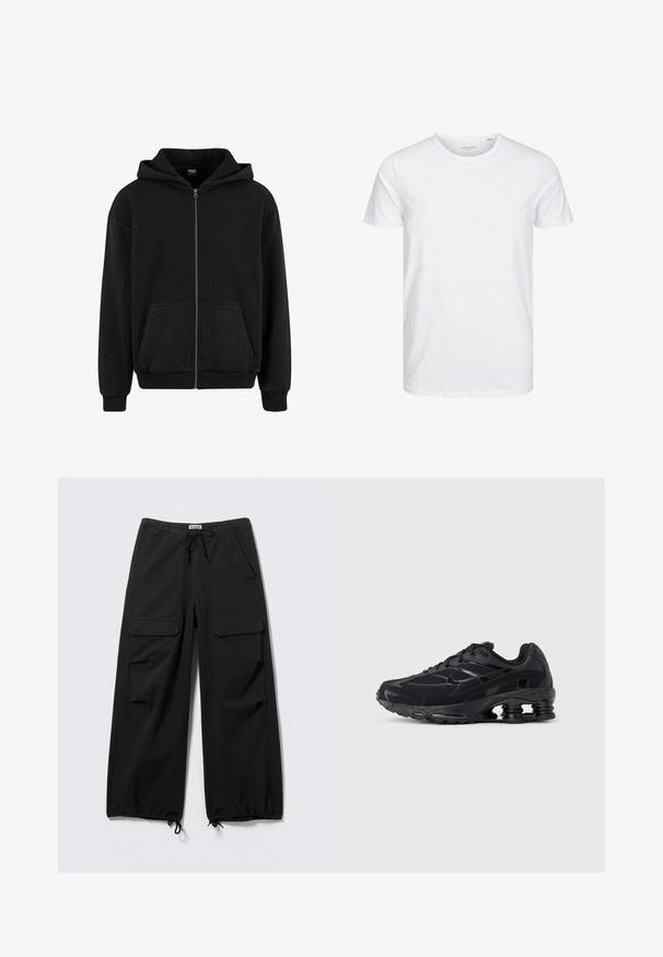 Urban Classics VINTAGE - Mikina so zipsom - black; Tričko s okrúhlym výstrihom a krátkym rukávom v čistej bielej farbe, vyrobené z jemnej bavlny, má jednoduchý dizajn bez viditeľných vzorov alebo akcentov.; Čierne široké cargo nohavice s prednými klopovými vreckami, sťahovacím pásom a nastaviteľnými šnúrkami na lemoch.; Čierna športová obuv s hornou časťou z mikrovlákna, polstrovaným golierom a výraznou tlmiacou technológiou na päte. Má textúrované detaily a šnúrky.