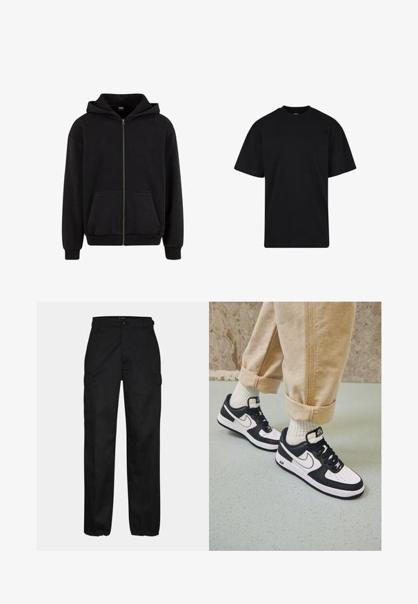 Urban Classics VINTAGE - Mikina so zipsom - black; Čierne tričko s krátkym rukávom a okrúhlym výstrihom, voľný strih, jednoduchý dizajn bez viditeľných log alebo vzorov.; Čierne cargo nohavice so strihom rovného strihu, s bočnými vreckami, zapínaním na gombík a elastickými manžetami na členkoch. Vyrobené z odolnej tkaniny.; Čierno-biele tenisky Nike Air Force 1 s koženým zvrškom, perforovanou špičkou a textúrovanou podrážkou, kombinované s ohrnutými béžovými nohavicami a bielymi ponožkami.