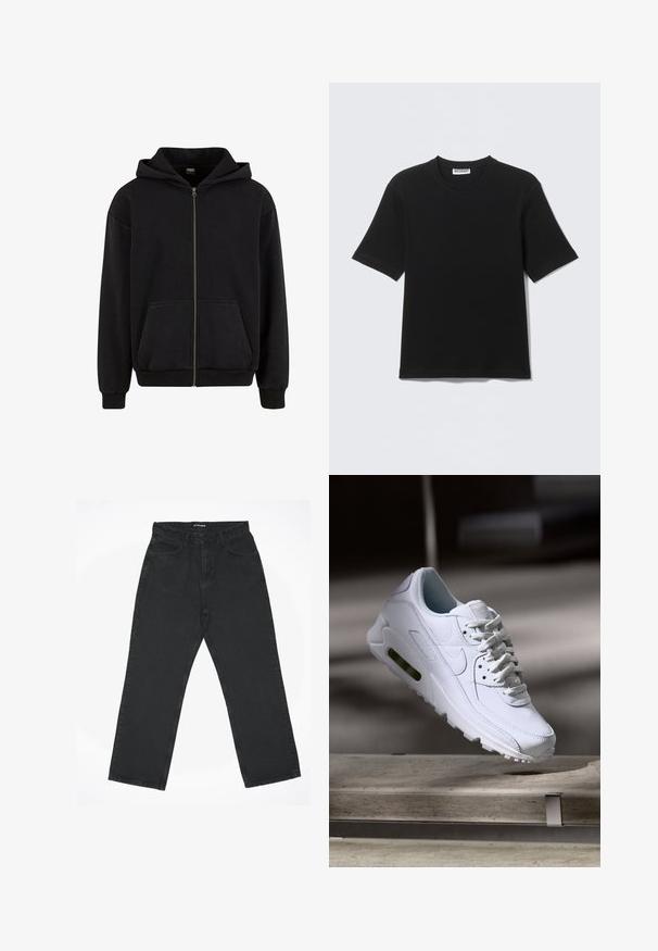 Urban Classics VINTAGE - Sweatjacke - black; Schwarzes T-Shirt mit kurzen Ärmeln und Rundhalsausschnitt, mit einem "WEEKDAY"-Etikett innen am Kragen, flach auf einem hellen Hintergrund liegend dargestellt.; Schwarze Jeans mit geradem Bein, fünf Taschen und Reißverschluss, flach auf weißem Hintergrund liegend, mit der Aufschrift "2Y STUDIOS" am Bund.; Weiße Lederturnschuhe mit strukturierten Oberflächen, gepolstertem Kragen und sichtbarer Luftpolsterung in der Sohle. Verfügt über Schnürsenkel und ein minimalistisches Design.
