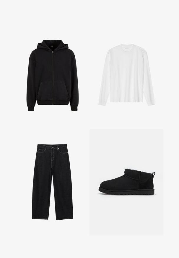 Urban Classics VINTAGE - Sweatjakke - black; Hvid, langærmet t-shirt i bomuld med rund hals, med ribbede ærmeafslutninger og en lige kant, glat tekstur og minimalistisk design.; Sorte denimjeans med vide ben, forlommer, bæltestropper og knaplukning.; Sorte ruskind ankelstøvler med en blød, tekstureret foring, lavprofilgummi sål og en løkke bagpå for nem påtagning.