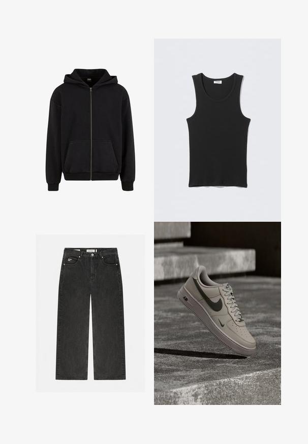 Urban Classics VINTAGE - Sweatjakke - black; Sort ærmeløs ribstrikket tanktop med rund halsudskæring, fladt lagt på lysegrå baggrund. Etiket med teksten "WEEKDAY."; Sort cowboystof jeans med vide ben, forreste knap og lynlås, design med fem lommer og lille "project blue" mærkat på den forreste lomme.; Beige Nike Air Force 1 sneaker med mørkegrønt swoosh-logo, svævende over teksturerede betontrin i dæmpet belysning.