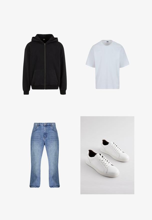 Urban Classics VINTAGE - Sweatjakke - black; Hvid bomulds T-shirt med rund halsudskæring, korte ærmer og lige snit. Har subtile syningsdetaljer på skuldrene.; Lys blå denim jeans med høj talje, lige snit og let flaxede ben. Har klassisk fem-lommestil og bæltestropper.; Hvide lædersneakers med lav profil, perforerede sider, flade snørebånd og en kontrasterende brun indvendig foring. Gummisål med tekstureret mønster.
