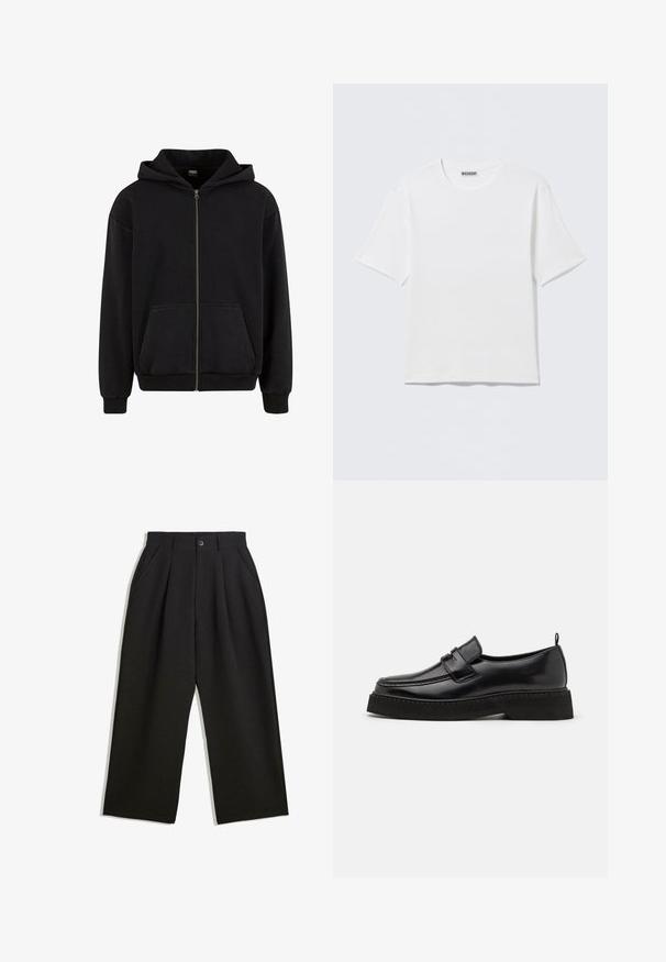 Urban Classics VINTAGE - Mikina so zipsom - black; Jednoduché biele tričko s krátkym rukávom a okrúhlym výstrihom, s malou nálepkou "WEEKDAY" na vnútornej zadnej časti goliera, položené na rovnej ploche.; Čierne nohavice s voľným strihom, s prekrytím vpredu, bočnými vreckami a zapínaním na gombík. Vyrobené z textúrovanej látky.; Čierne kožené mokasíny s plochou, textúrovanou podrážkou, so šitým prstom a popruhom cez priehlavok.