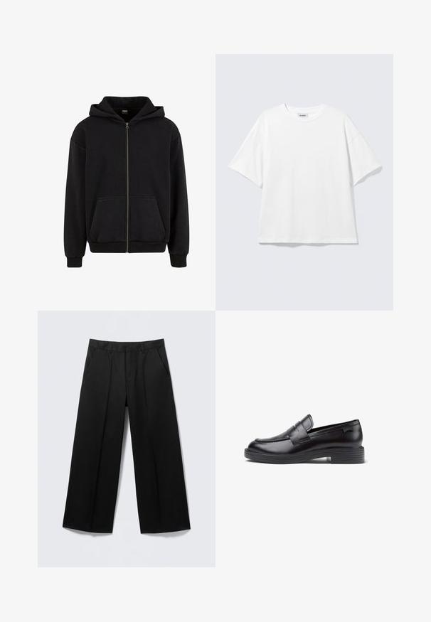 Urban Classics VINTAGE - Mikina so zipsom - black; Biele oversize tričko s krátkym rukávom a okrúhlym výstrihom s padnutými ramenami, položené na svetlošedom pozadí.; Čierne široké nohavice s opaskovými očkami, prednými vreckami a zipsom na rozopínanie, zobrazené na svetlosivom pozadí.; Čierne kožené loafers s nízkym rebrovaným opätkom, zaoblenou špicou, dekoratívnym prešívaním a prednou páskou. Hladká textura.