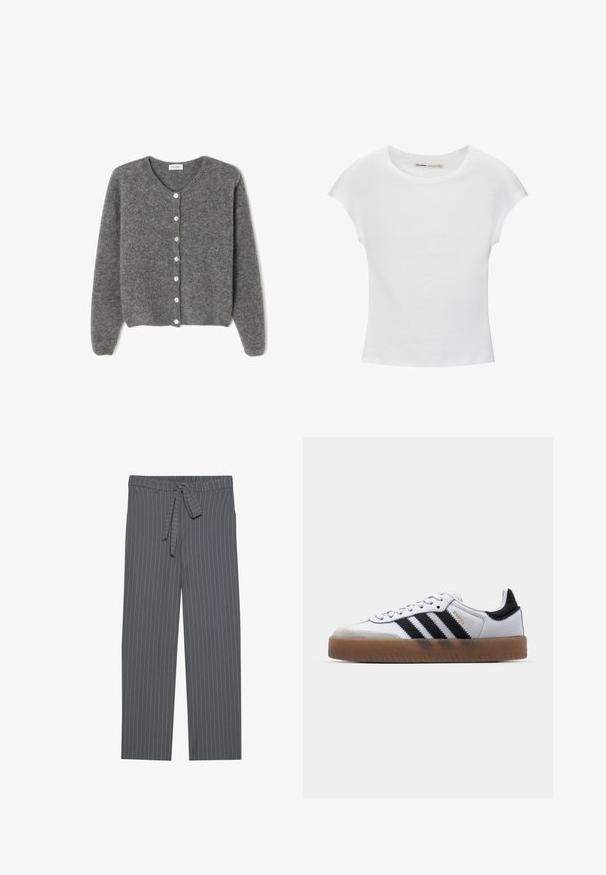 Grau gestrickte Wolle-Cardigan mit rundem Ausschnitt, ausgestattet mit sieben Vorderknöpfen und einer weichen, strukturierten Oberfläche. Die Ärmel sind leicht weit.; Weißes Baumwoll-T-Shirt mit kurzen, aufgerollten Ärmeln, rundem Ausschnitt und geradem Saum. Glatte Textur ohne sichtbare Muster oder Akzente.; Graue Nadelstreifen-Hosen mit elastischem Bund, Bindegürtel und lockerer Passform. Hergestellt aus einem glatten Stoff, haben sie vertikale Streifen.; Weiße Leder Sneakers mit schwarzen Streifen, Gummigummi-Außensohle, runder Zehenform, Schnürverschluss und weichem grauem Wildleder-Zehenkappe.