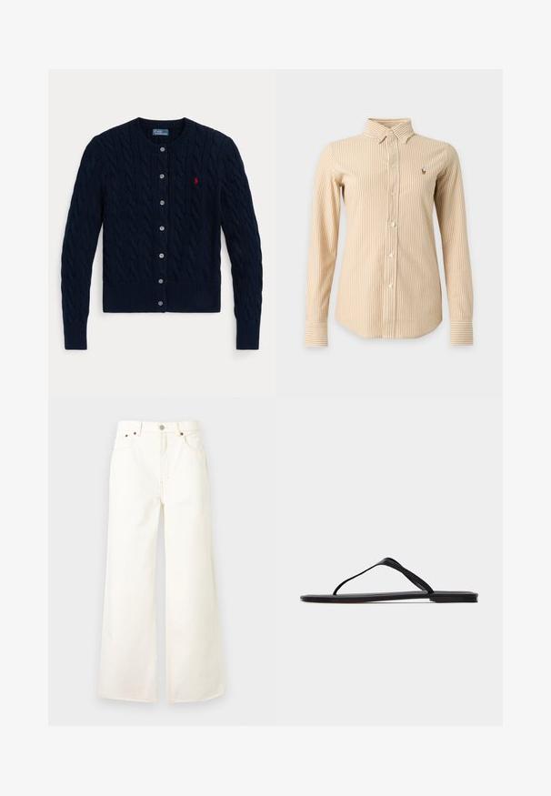 Navy blue cable knit cardigan with round neck, button front, ribbed cuffs and hem, and small red embroidered logo on the chest.; Beige and white vertical striped long-sleeve button-up shirt with a pointed collar and small embroidered logo on the left chest.; High-waist white wide-leg jeans with front button and zipper, five-pocket design, and copper rivet details.; Black flat flip-flop sandal with thin straps and a minimalist design shown from the side on a plain light background.