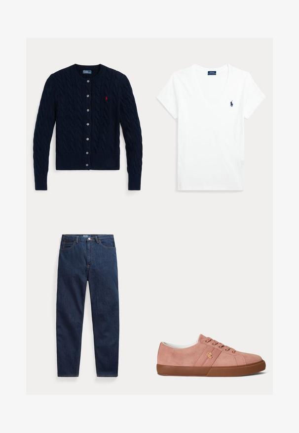 Navy blue cable knit cardigan with round neck, button front, ribbed cuffs and hem, and small red embroidered logo on the chest.; White short-sleeve V-neck t-shirt with small navy blue Polo Ralph Lauren logo on the left chest.; Dark blue denim jeans with five pockets, button closure, and straight-leg cut, laid flat on a white background.; Low-top pink suede sneaker with brown rubber sole and laces, featuring a small gold-colored RLL logo on the side panel.