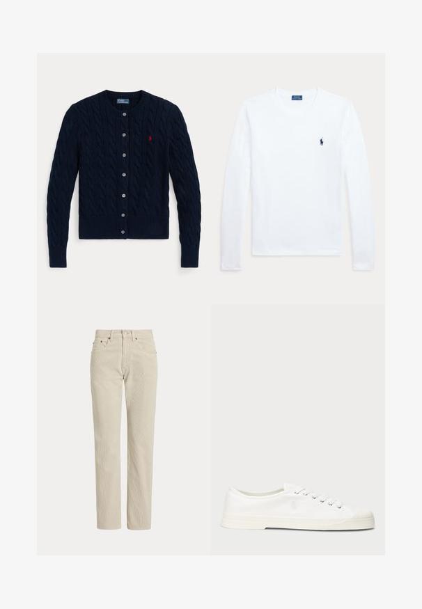 Marineblauer Strickcardigan mit Rundhalsausschnitt, Knopfleiste vorne, gerippten Bündchen und Saum sowie kleinem roten gesticktem Logo auf der Brust.; Weißes Langarmshirt mit Rundhalsausschnitt und kleinem dunkelblauen Polo Ralph Lauren-Logo auf der linken Brust.; Beige Cordhose mit geradem Bein, Gürtelschlaufen, Vorderknopf, Reißverschluss und Fronttaschen.; Weiße Leinensneaker mit runder Zehenpartie, Schnürverschluss und dezentem Logodetail. Verfügt über ein strukturiertes Gewebe und eine Gummisohle.