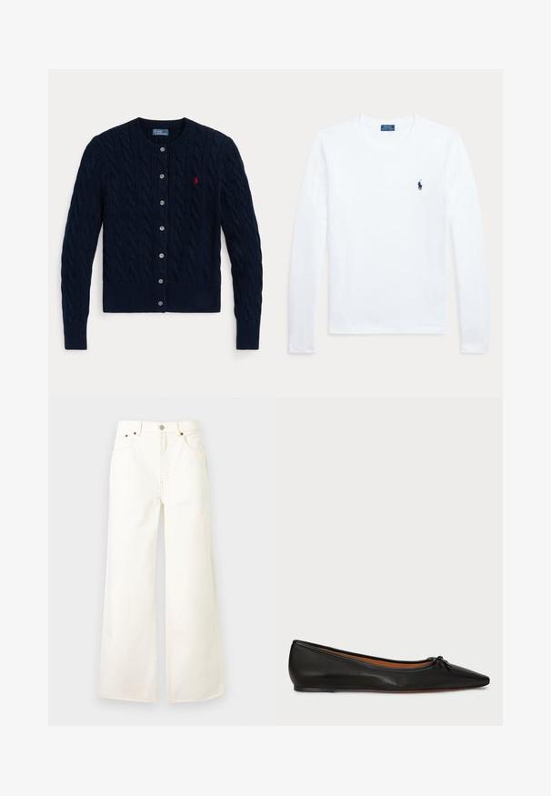 Marineblauwe kabelgebreide cardigan met ronde hals, knopen vooraan, geribde manchetten en zoom, en klein rood geborduurd logo op de borst.; Wit shirt met lange mouwen en ronde hals, met een klein donkerblauw Polo Ralph Lauren-logo op de linkerborst.; Witte wijde jeans met hoge taille, voorste knoop- en ritsluiting, vijfzakkenontwerp en koperen klinknageldetails.; Zwarte leren balletschoenen met een spitse neus, slanke silhouet en een klein strikdetail aan de voorkant. Gladde textuur en minimalistisch ontwerp.