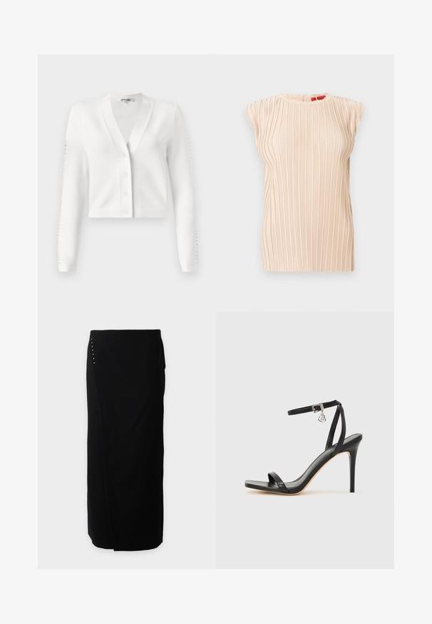 Cárdigan blanco corto con escote en V, botonera frontal y mangas acanaladas con detalles de agujeros. Tejido suave con una textura lisa.; Blusa sin mangas beige plisada con escote redondo y textura vertical sutil, mostrada sobre un fondo blanco.; Falda midi negra cruzada con silueta recta y pequeños tachuelas plateadas en la cadera izquierda, exhibida sobre un fondo blanco liso.; Sandalia de tacón alto negra con una estrecha correa en el tobillo, punta cuadrada, material de cuero liso y detalle de hebilla metálica.
