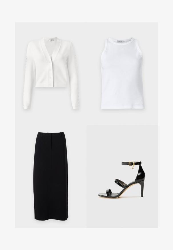 Cárdigan blanco corto con escote en V, botonera frontal y mangas acanaladas con detalles de agujeros. Tejido suave con una textura lisa.; Camiseta de tirantes blanca con cuello redondeado, diseño sin mangas y un pequeño logo en la parte frontal. Textura suave y forma ajustada.; Falda lápiz negra, hasta la rodilla, hecha de tejido suave con cintura ajustada, que presenta suaves pliegues frontales y sin cierres visibles.; Sandalia de charol negro con tres correas, hebilla en el tobillo y tacón de aguja de 10 cm. Presenta detalles de hardware en oro y un charm con el logo.