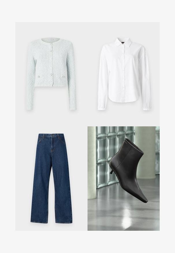 Lichtblauwe cropped cardigan van gestructureerde stof, met lange mouwen, een ronde halslijn en vijf knopen met decoratieve accenten.; Witte blouse met lange mouwen, kraag, knoopsluiting aan de voorkant en ingezette manchetten. Gemaakt van zacht, lichtgewicht stof met een gladde textuur.; Donkerblauwe wijd uitgesneden spijkerbroek van denim met een klassiek vijf-pocket ontwerp. Bevat contrasterende stiksels en een sluiting met voorknoop.; Zwarte leren enkellaars met puntige neus en lage hak, afgebeeld tegen een glazen blokkenmuur en gepolijste vloer op de achtergrond.