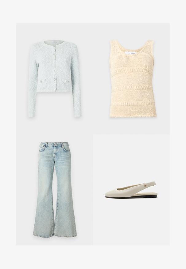 Cardigan court bleu clair en tissu texturé, doté de longues manches, d'un col rond et de cinq boutons avec des accents décoratifs.; Débardeur tricoté sans manches de couleur crème avec un motif à rayures horizontales texturé et un col rond.; Jeans évasés bleu clair en denim, avec une taille haute, des poches et des ourlets effilochés. Le tissu présente un délavage usé et une texture subtile.; Chaussure plate slingback en cuir couleur crème avec un bout arrondi et un petit emblème doré sur la bride.