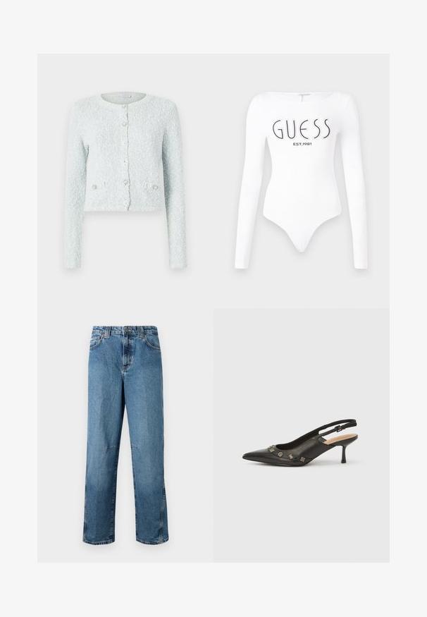 Cárdigan corto de color azul claro hecho de tejido texturizado, con mangas largas, escote redondo y cinco botones con detalles decorativos.; Bodysuit blanco de manga larga con escote redondo. Presenta el logo "GUESS" y "EST.1981" impresos en negro en la parte frontal. Textura suave.; Jeans de denim de color azul claro con corte recto, con bolsillos cosidos, cierre de botón en el frente y un desvanecimiento mínimo en la tela.; Zapato de tacón con talón descubierto en piel negra, punta puntiaguda, tacón pequeño y detalles metálicos decorativos a lo largo de la abertura frontal. Textura lisa.