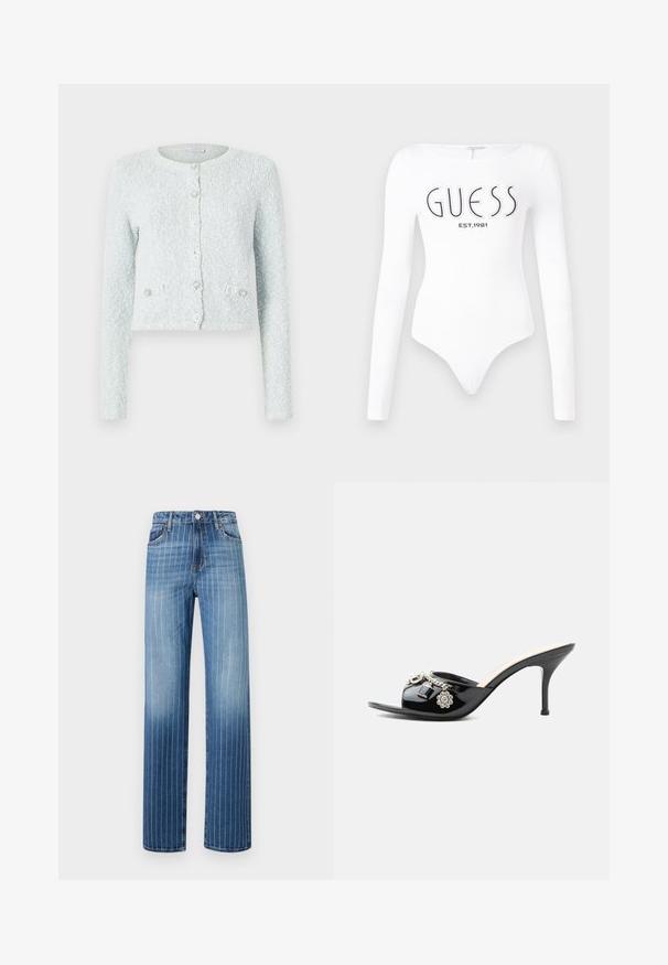 Cárdigan corto de color azul claro hecho de tejido texturizado, con mangas largas, escote redondo y cinco botones con detalles decorativos.; Bodysuit blanco de manga larga con escote redondo. Presenta el logo "GUESS" y "EST.1981" impresos en negro en la parte frontal. Textura suave.; Jeans de mezclilla de color azul claro con rayas verticales blancas, diseño de pierna recta, cinco bolsillos y cierre de botón en la cintura.; Mule de charol negro de tacón alto con punta abierta y adornos decorativos plateados, incluyendo una flor y un candado en la tira delantera.