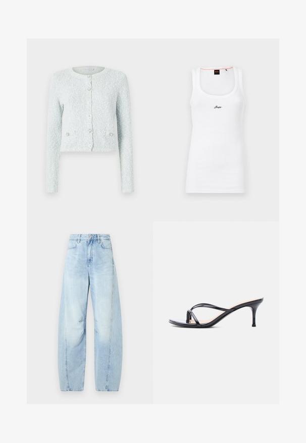 Lyseblå cropped cardigan lavet af tekstureret stof, med lange ærmer, rund halslinning og fem knapper med dekorative detaljer.; Hvid bomulds tanktop med ribbet tekstur, der har en rund halsudskæring og et lille sort broderet logo på forsiden.; Lys blå denim bredbenede jeans med høj talje, med knaplukning, forlommer og subtil falming.; Sort laklædersandal med hæl, tynde krydsede remme og en slank mellemhøj stilethæl på en hvid baggrund.