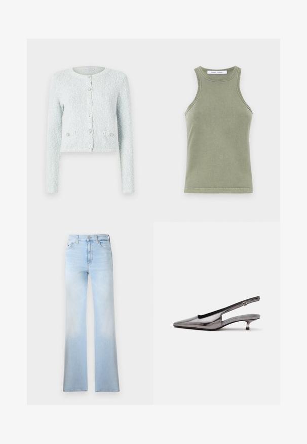 Cardigan court bleu clair en tissu texturé, doté de longues manches, d'un col rond et de cinq boutons avec des accents décoratifs.; Débardeur vert olive en coton doux, avec un col rond, sans manches et des bords cousus. Forme simple et ajustée.; Jean taille haute bleu clair avec bouton et fermeture éclair, poches avant et design de jambe évasée.; Chaussure slingback gris métallique à bout pointu, petit talon kitten et bride réglable sur fond blanc.