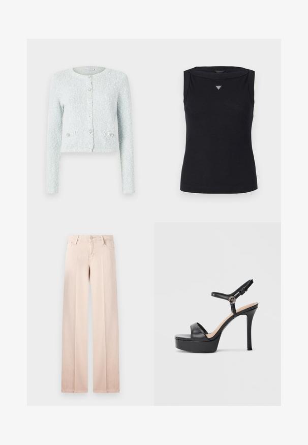Lyseblå cropped cardigan lavet af tekstureret stof, med lange ærmer, rund halslinning og fem knapper med dekorative detaljer.; Sort ærmeløs top lavet af bomuld, med bådudskæring og et lille krystal trekantlogo på brystet. Glat tekstur.; Beige bredde ben jeans i en glat bomuldsblanding, fem-lomme design, bæltestropper og en knaplukning. Minimalistisk stil og lys farve.; Sorte platformsandaler med høj stiletthæl, der har en glat læderoverdel, peep toe-design og en justerbar ankelrem med metalbeslag.