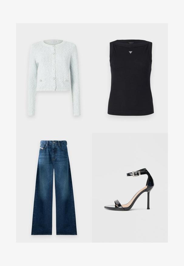 Lichtblauwe cropped cardigan van gestructureerde stof, met lange mouwen, een ronde halslijn en vijf knopen met decoratieve accenten.; Zwarte mouwloze top van katoen, met een boot hals en een klein kristallen driehoekig logo op de borst. Glad materiaal.; Brede denim jeans in een donkere was. Voorzien van een traditionele vijf-pocketontwerp, knoopsluiting en lichte vervaging op de dijen.; Zwarte sandalen met hoge hak van lakleer en een enkelriempje. Heeft een minimalistisch ontwerp, open teen en een gesp met strass-steentjes.