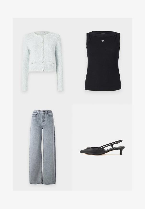 Lichtblauwe cropped cardigan van gestructureerde stof, met lange mouwen, een ronde halslijn en vijf knopen met decoratieve accenten.; Zwarte mouwloze top van katoen, met een boot hals en een klein kristallen driehoekig logo op de borst. Glad materiaal.; Licht gewassen denim wijde pijpen jeans met een hoge tailleband, voorzien van voorzakken, riemlussen en contrasterende stiksels.; Zwarte slingback schoenen met een puntige neus, gemaakt van glad materiaal, met een kleine hak en een decoratieve zilverkleurige accent op de wreef.