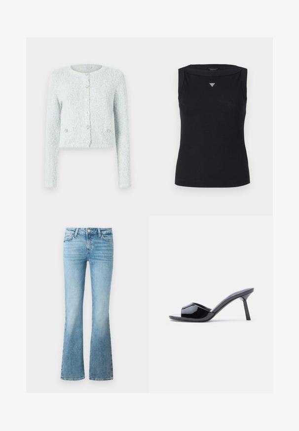 Lichtblauwe cropped cardigan van gestructureerde stof, met lange mouwen, een ronde halslijn en vijf knopen met decoratieve accenten.; Zwarte mouwloze top van katoen, met een boot hals en een klein kristallen driehoekig logo op de borst. Glad materiaal.; Lichtblauwe denim flare jeans met voorzakken, riemlussen en een knoopsluiting.; Zwarte lakleren open-teen sandalen met hak, met een gebogen bovenkant ontwerp en een taps toelopende naaldhak. Gladde glanzende afwerking.