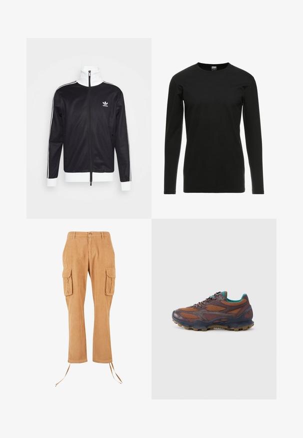 Must mustrik mütsadega, valged aktsendid, täispikk tõmblukk, kõrge krae, pikad varrukad ja Adidas logo vasakul rinnal. Sile kangas.; Urban Classics STRETCH TERRY - Pikkade varrukatega topp - black; helepruunid kordneelsed tööpüksid, millel on kaks küljetaskut, ümbermõõdu järgi kohandatud vöökoht ja reguleeritavad nöörid pükste alaosas. Tekstuuriga kangas vertikaalsete triipudega.; Pruun spordijalats võrgust ja nahast materjalidega. Omab tekstuuriga tallaga, türkiissinist detaili krae kohal ning mustrilisi paelu.