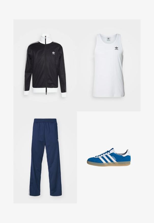 Veste de survêtement noire avec des accents blancs, fermeture éclair complète, col montant, manches longues et logo Adidas sur la poitrine gauche. Texture de tissu lisse.; Débardeur blanc à côtes avec col rond, logo Adidas noir sur la poitrine gauche, sans manches. Matière en coton doux, coupe décontractée.; Pantalons de sport bleu marine avec une taille élastique, présentant des bandes latérales blanches et un accent de logo sur la cuisse gauche.; Baskets Adidas Gazelle bleu et blanc avec semelle en gomme et trois bandes blanches, vues de côté sur fond blanc.