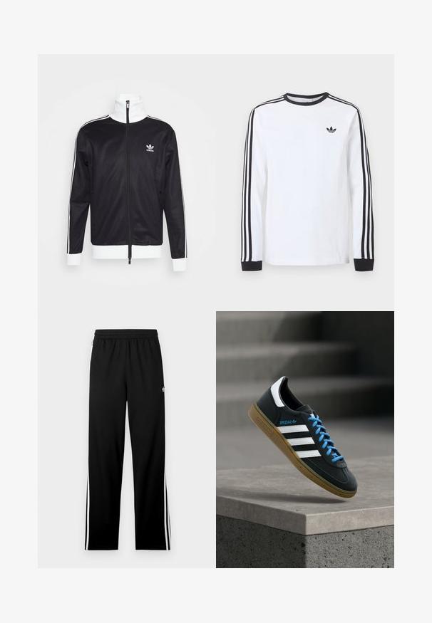 Veste de survêtement noire avec des accents blancs, fermeture éclair complète, col montant, manches longues et logo Adidas sur la poitrine gauche. Texture de tissu lisse.; Chemise blanche Adidas à manches longues avec col rond noir, poignets noirs, trois bandes noires le long des manches et logo trèfle noir sur la poitrine.; Pantalon de sport noir en tissu mesh, avec une coupe droite, une taille élastique et des bandes blanches sur les côtés. Logo sportif affiché.; Baskets Adidas noires avec des rayures blanches, des lacets bleus et une semelle en gomme flottant au-dessus d'une marche en béton grise sous une lumière douce.