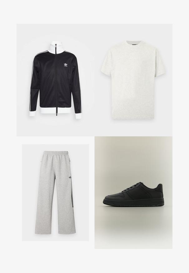 Must mustrik mütsadega, valged aktsendid, täispikk tõmblukk, kõrge krae, pikad varrukad ja Adidas logo vasakul rinnal. Sile kangas.; Helehall puuvillane t-särk ümarkaelusega, lühikeste varrukatega ja siledapinnaline. Lihtne disain ilma nähtavate mustrite või aktsentideta.; Heledast hallid laia lõikega dressipüksid elastse vöökoha ja musta Adidas trefoil logoga paremal reiel.; Mustad madala lõikega toss, millel on tekstureeritud paneelid, paelakinnitus ja paks tald neutraalse halli tausta ees.