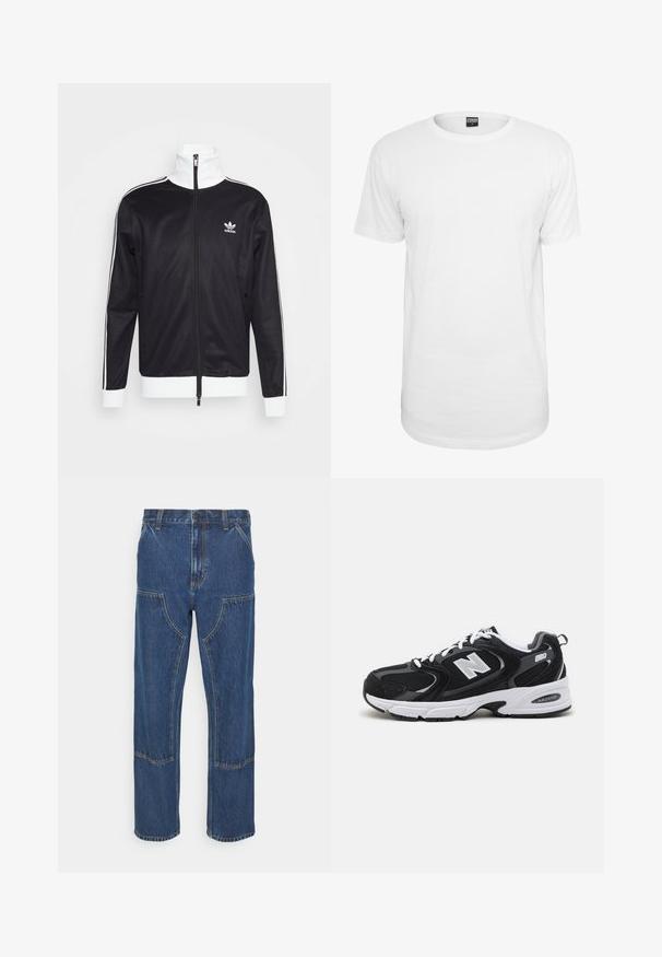 Must mustrik mütsadega, valged aktsendid, täispikk tõmblukk, kõrge krae, pikad varrukad ja Adidas logo vasakul rinnal. Sile kangas.; Valge lühikeste varrukatega t-särk, mis on valmistatud puuvillast, klassikalise ümmarguse kaelusega, lõdva lõikega ja ilma nähtavate mustrite või logodeta.; Sinine denimist rõivaste paari sirge säärega teksad, millel on ees plaastritaskud ja kontrastsed õmblused. Kangas omab klassikalist tekstuuri ja viimistlust.; Must värvi ja hallid spordijalatsid, mille ülemine osa on valmistatud võrgust ja nahast, valge vaheosaga, paeltega ja küljel julge "N" logo.