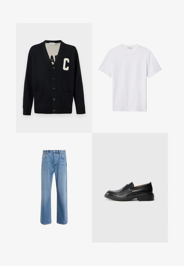 Cardigan noir boutonné avec col en V, deux poches avant, poignets et ourlet côtelés, et une grande lettre "C" blanche sur la poitrine gauche.; T-shirt blanc uni à manches courtes avec col rond, doté d'un petit logo embossé sur la poitrine gauche et d'une étiquette de marque à l'intérieur du col.; Jeans en denim bleu clair avec une coupe droite, cinq poches, fermeture à bouton, peu d'usure et des détails de couture contrastés.; Chaussure habillée noire en cuir, à enfiler, avec un petit talon et un logo Calvin Klein discret sur le côté, présentée de profil sur un fond blanc.