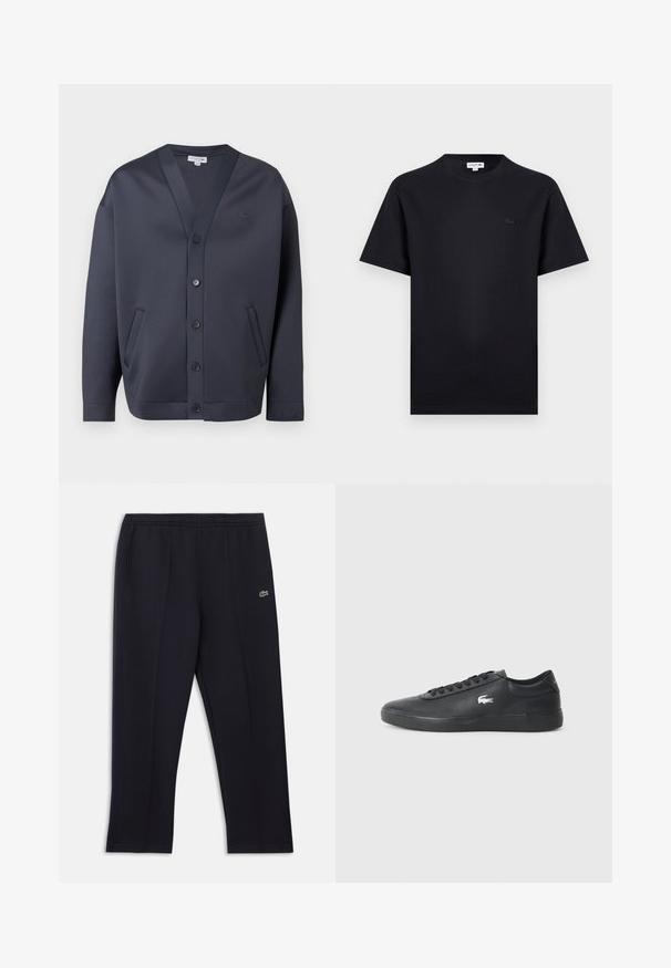 Cardigan boutonné bleu marine foncé avec col en V, deux poches latérales et petit logo brodé sur la poitrine et le poignet de la manche.; T-shirt noir à manches courtes avec col rond, orné d'un petit logo crocodile ton sur ton sur le côté gauche de la poitrine.; Pantalon de sport noir avec poches latérales, ceinture élastique, fines bandes latérales et petit logo crocodile vert sur la hanche droite.; Sneaker en cuir noir avec bout arrondi, semelle plate et logo blanc sur le côté. Présente des lacets noirs et une finition lisse et mate.