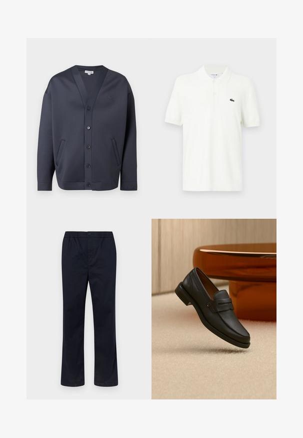 Cardigan boutonné bleu marine foncé avec col en V, deux poches latérales et petit logo brodé sur la poitrine et le poignet de la manche.; Polo-shirt blanc en coton lisse avec un col classique, patte de boutonnage à trois boutons et un petit logo crocodile vert sur la poitrine.; Pantalon pour homme bleu marine avec ceinture élastique, fermeture par bouton et coupe droite, sur un fond uni clair.; Mocassin homme en cuir noir avec une bande sur le dessus, présenté sur un tapis beige près d'une table ronde moderne marron.