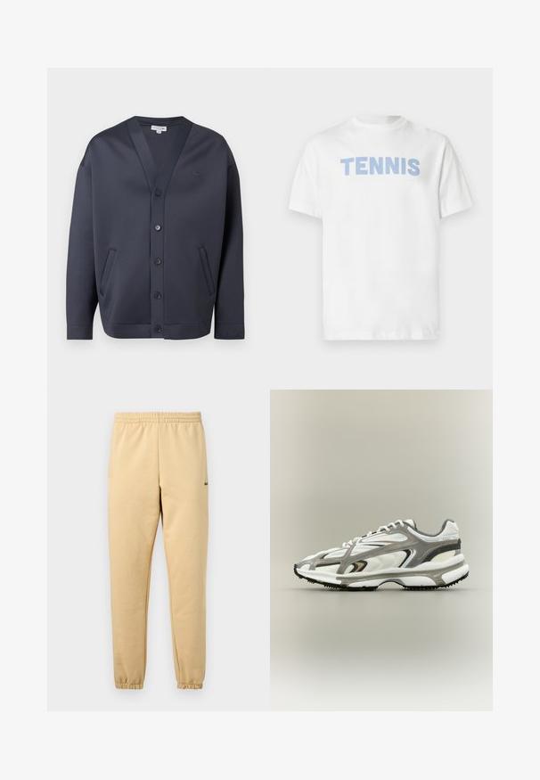 Cardigan boutonné bleu marine foncé avec col en V, deux poches latérales et petit logo brodé sur la poitrine et le poignet de la manche.; T-shirt en coton blanc à manches courtes, avec le mot « TENNIS » en lettres capitales bleu clair sur la poitrine.; Pantalon de jogging beige avec taille élastique et poignets, arborant un petit logo crocodile vert brodé sur la cuisse droite.; Chaussure de sport avec une tige en mesh blanc, des accents gris, une semelle en caoutchouc noire et un design épuré. Elle présente des lacets et des détails texturés.