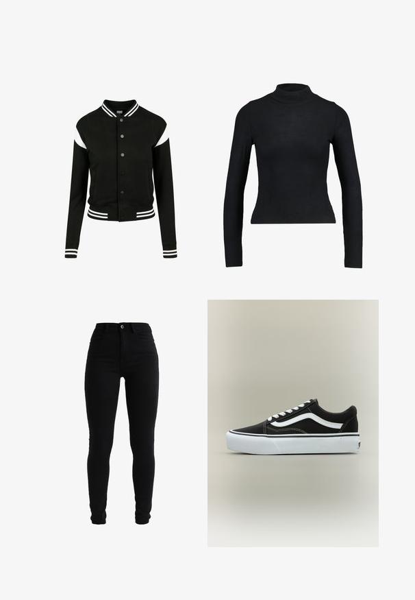 Sort varsityjakke med hvide accenter, ribbede manchetter og kant, knaplukning, to sidelommer, fremstillet af blødt stof. Klassisk sportsdesign.; Sort langærmet turtleneck top lavet af ribbet stof, med en tætsiddende design og slank silhuet. Ingen mønstre eller detaljer.; Sorte højtaljede skinny jeans lavet af denim, med knaplukning foran, fem-pockets design og en glat tekstur.; Lavtop sort sneaker med hvid side stribe, hvide snørebånd, hvid gummisål og tekstureret tåhætte på neutral baggrund.