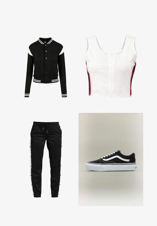 Sort varsityjakke med hvide accenter, ribbede manchetter og kant, knaplukning, to sidelommer, fremstillet af blødt stof. Klassisk sportsdesign.; Hvid cropped tank top med lynlås foran, der har røde og sorte sidelister. Fremstillet af glat, strækbart materiale.; Sorte atletiske bukser med hvide sidelister, der har trykknapdetaljer langs de ydre sømme og en justerbar snor i taljen.; Lavtop sort sneaker med hvid side stribe, hvide snørebånd, hvid gummisål og tekstureret tåhætte på neutral baggrund.