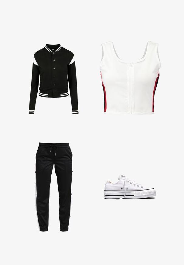 Sort varsityjakke med hvide accenter, ribbede manchetter og kant, knaplukning, to sidelommer, fremstillet af blødt stof. Klassisk sportsdesign.; Hvid cropped tank top med lynlås foran, der har røde og sorte sidelister. Fremstillet af glat, strækbart materiale.; Sorte atletiske bukser med hvide sidelister, der har trykknapdetaljer langs de ydre sømme og en justerbar snor i taljen.; Hvid lavtop lærredssneakers med hvide snørebånd, sorte striber på sålen og gummieret tekstureret tåhætte, sidevendt på hvid baggrund.