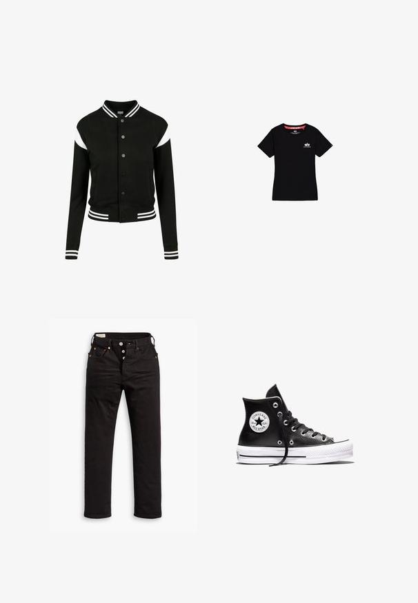 Sort varsityjakke med hvide accenter, ribbede manchetter og kant, knaplukning, to sidelommer, fremstillet af blødt stof. Klassisk sportsdesign.; Sort T-shirt med korte ærmer med lille hvid Alpha Industries-logo på venstre bryst og rød indvendig krave.; Sorte lige jeans med knaplukning, front- og baglommer samt kobbernitte detaljer på en hvid baggrund.; Sort højtliggende Converse Chuck Taylor All Star sneaker med hvid gummisål og logo-patch på anklen, vist på en hvid baggrund.