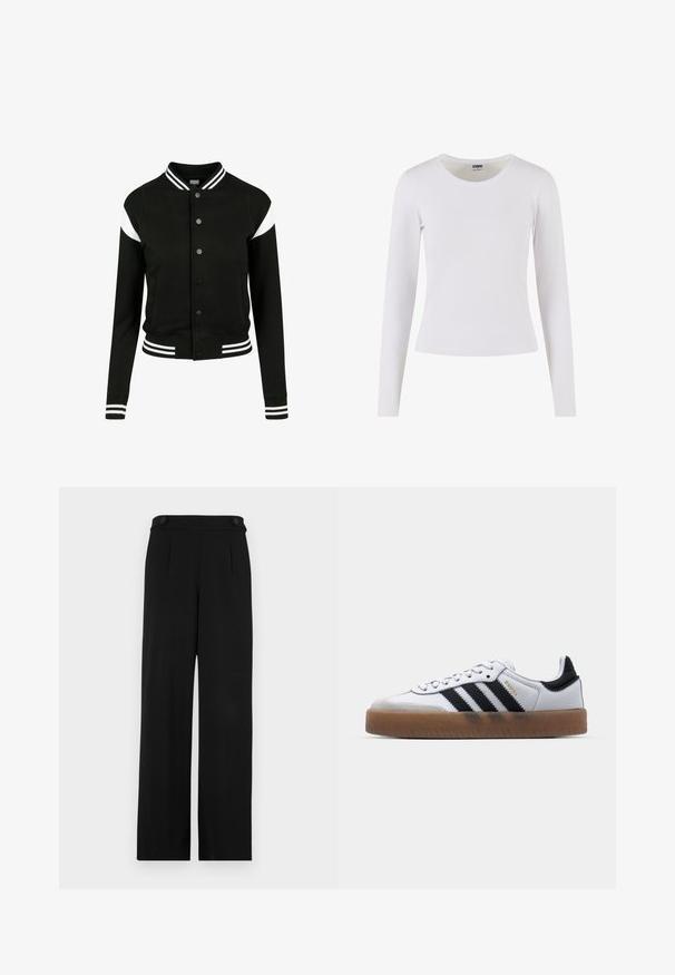 Chaqueta tipo varsity negra con acentos en blanco, puños y dobladillo acanalados, cierre de botones, dos bolsillos laterales, hecha de un tejido suave. Diseño deportivo clásico.; Camiseta blanca de manga larga confeccionada en suave algodón, con un escote redondo y una silueta ajustada, sin patrones ni adornos.; Pantalones de pierna ancha negros con frente plano, dos botones en la cintura y una textura de tela suave. Ajuste entallado con pinzas para dar forma.; Zapatillas de cuero blancas con rayas negras, suela de goma, puntera redonda, cierre de cordones y caperuza de ante gris suave.