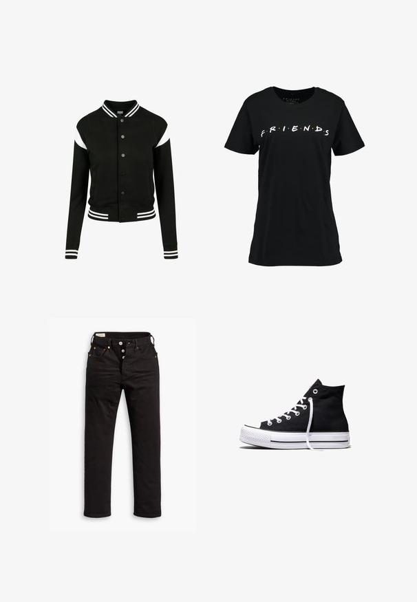 Sort varsityjakke med hvide accenter, ribbede manchetter og kant, knaplukning, to sidelommer, fremstillet af blødt stof. Klassisk sportsdesign.; Sort bomulds T-shirt med ordet "VENNER" i hvid skrift og farverige prikker. Standard pasform med korte ærmer og rund halsudskæring.; Sorte lige jeans med knaplukning, front- og baglommer samt kobbernitte detaljer på en hvid baggrund.; Sort high-top canvas sneaker med hvid gummisål og hvide snørebånd, vist fra siden mod en hvid baggrund.