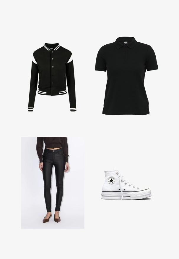 Sort varsityjakke med hvide accenter, ribbede manchetter og kant, knaplukning, to sidelommer, fremstillet af blødt stof. Klassisk sportsdesign.; Sort polo-shirt med klassisk krave, korte ærmer og tre-knaps lynlås. Fremstillet af glat stof med sideslidser ved kanten.; Kvinde iført sorte høj-taljede skinny bukser, en kropsnær mørkebrun knapbluse og brune spidse hæle.; Hvid højtop Converse Chuck Taylor All Star-sneaker med sort logo-patch og hvide snørebånd, vist på hvid baggrund.