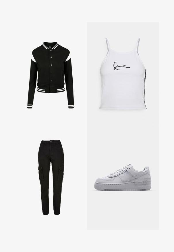 Sort varsityjakke med hvide accenter, ribbede manchetter og kant, knaplukning, to sidelommer, fremstillet af blødt stof. Klassisk sportsdesign.; Hvid ærmeløs crop top lavet af bomuld, med sort broderet tekst. Sidepanel viser et mønstret stof, der tilføjer tekstur.; Sorte cargobukser med høj talje, sidelommer med klapper, forlommer, bæltestropper, knaplukning og elastiske manchetter.; Grå Nike Air Force 1 sneakers med perforeret tå, glat læderoverdel, tyk sål og præget 'AIR' detalje på hælen.