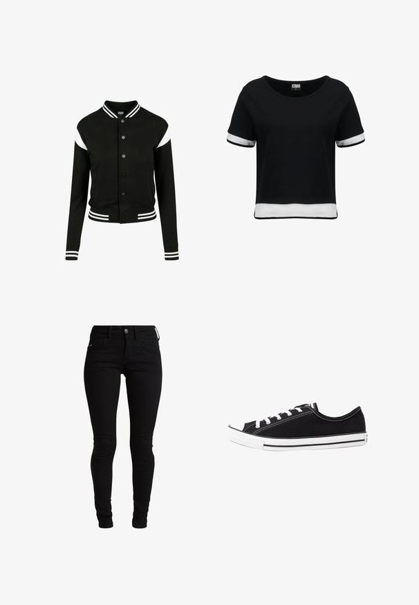 Chaqueta tipo varsity negra con acentos en blanco, puños y dobladillo acanalados, cierre de botones, dos bolsillos laterales, hecha de un tejido suave. Diseño deportivo clásico.; Camiseta negra corta con mangas cortas, que presenta detalles de malla blanca en las mangas y el dobladillo. Tela suave; escote redondeado.; Jeans skinnies negros de denim, con un diseño clásico de cinco bolsillos, trabillas para el cinturón y cierre frontal con botón. Textura suave y elástica.; Zapatilla deportiva negra con punta de goma blanca, suela a rayas en blanco y negro, y cordones blancos. Presenta un diseño simple y minimalista.