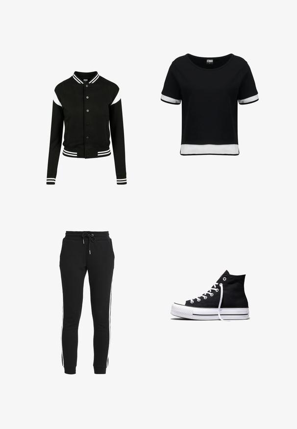 Sort varsityjakke med hvide accenter, ribbede manchetter og kant, knaplukning, to sidelommer, fremstillet af blødt stof. Klassisk sportsdesign.; Sort cropped T-shirt med korte ærmer, prydet med hvide mesh-detaljer ved ærmerne og kanten. Glat stof; rund halsudskæring.; Sorte joggerbukser lavet af blødt stof med en tapered pasform, med en snoretræk i taljen og hvide sidestropper. Inkluderer lommer.; Sort high-top canvas sneaker med hvid gummisål og hvide snørebånd, vist fra siden mod en hvid baggrund.