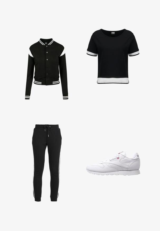 Chaqueta tipo varsity negra con acentos en blanco, puños y dobladillo acanalados, cierre de botones, dos bolsillos laterales, hecha de un tejido suave. Diseño deportivo clásico.; Camiseta negra corta con mangas cortas, que presenta detalles de malla blanca en las mangas y el dobladillo. Tela suave; escote redondeado.; Pantalones de chándal negros fabricados con tejido suave, con un ajuste ceñido, que presentan una cintura con cordón y rayas laterales blancas. Incluyen bolsillos.; Zapatillas deportivas blancas con parte superior de cuero suave, puntera redondeada y suela de goma texturizada. Presentan un sutil logo en el lateral y en la lengüeta.