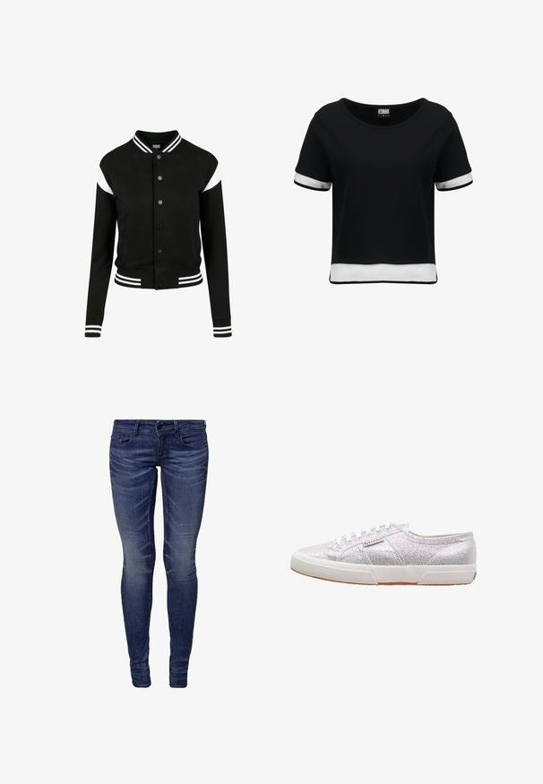 Chaqueta tipo varsity negra con acentos en blanco, puños y dobladillo acanalados, cierre de botones, dos bolsillos laterales, hecha de un tejido suave. Diseño deportivo clásico.; Camiseta negra corta con mangas cortas, que presenta detalles de malla blanca en las mangas y el dobladillo. Tela suave; escote redondeado.; Jeans ajustados de color azul hechos de mezclilla. Cuentan con un cierre de cremallera, bolsillos frontales y un ligero desvanecimiento a lo largo de los muslos. Textura suave.; Zapatillas plateadas con purpurina y suela de goma blanca, con puntera redonda, diseño de cordones y un parche con el logo en el lateral.