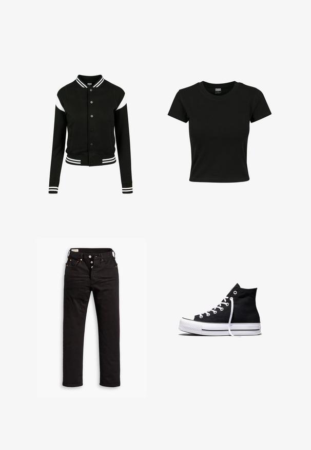 Zwarte varsityjack met witte accenten, geribde manchetten en zoom, knoopsluiting, twee zijzakken, gemaakt van zachte stof. Klassiek sportief ontwerp.; Zwarte kortekorte mouw t-shirt van gladde katoenen stof, met een ronde halslijn en een getailleerde pasvorm. Geen zichtbare patronen of accenten.; Zwarte rechtlopende jeans met knoopsluiting, voor- en achterzakken, en koperen klinknagels op een witte achtergrond.; Zwarte hooggesloten canvas sneaker met witte rubberen zool en witte veters, zijwaarts weergegeven op een witte achtergrond.