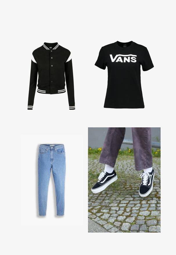 Sort varsityjakke med hvide accenter, ribbede manchetter og kant, knaplukning, to sidelommer, fremstillet af blødt stof. Klassisk sportsdesign.; Sort bomulds t-shirt med et fremtrædende hvidt "VANS" logo på brystet. Korte ærmer, rund hals og glat tekstur.; Lyseblå high-waist slim-fit jeans med for- og baglommer, knaplukning og bæltestropper på en hvid baggrund.; Sorte ruskinds sneakers med hvide accenter, med rund tå, tyk hvid sål og klassisk snørebåndsdesign, båret med hvide sokker og lilla bukser.
