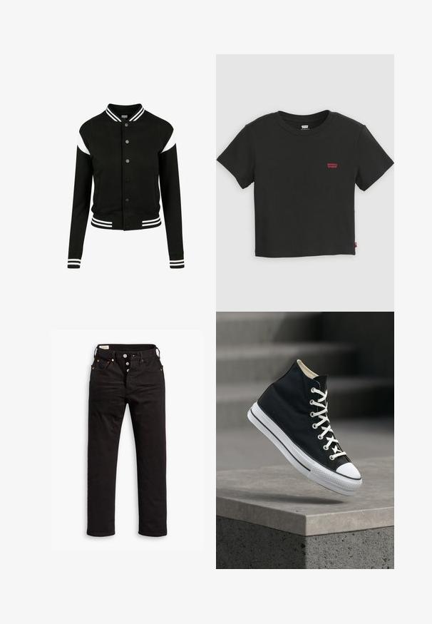 Sort varsityjakke med hvide accenter, ribbede manchetter og kant, knaplukning, to sidelommer, fremstillet af blødt stof. Klassisk sportsdesign.; Sort Levi's cropped t-shirt med korte ærmer, rund halsudskæring og lille rødt Levi's-logo på venstre bryst.; Sorte lige jeans med knaplukning, front- og baglommer samt kobbernitte detaljer på en hvid baggrund.; Sort højt sneakers med hvide snørebånd og gummisål balancerer på kanten af en grå betonplatform.